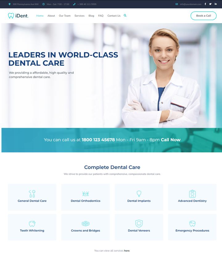Homepage design of iDent Dental Care, a dental website project